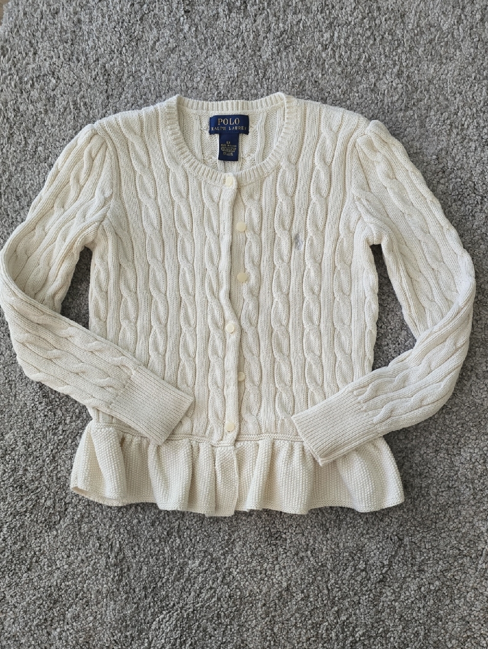 Polo by Ralph Lauren Ivory Cable-Knit Ruffle Hem Cardigan